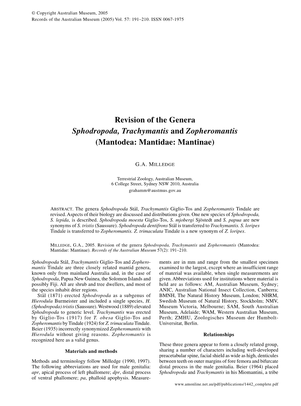 Revision of the Genera Sphodropoda, Trachymantis and Zopheromantis (Mantodea: Mantidae: Mantinae)