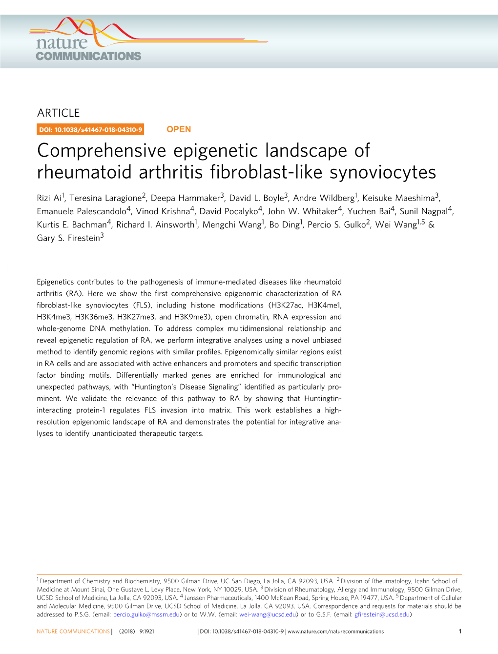 Comprehensive Epigenetic Landscape of Rheumatoid Arthritis Fibroblast