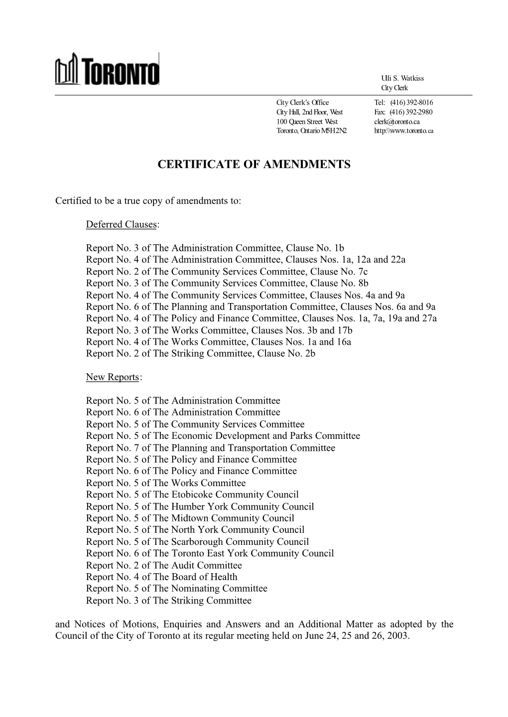 Certificate of Amendments