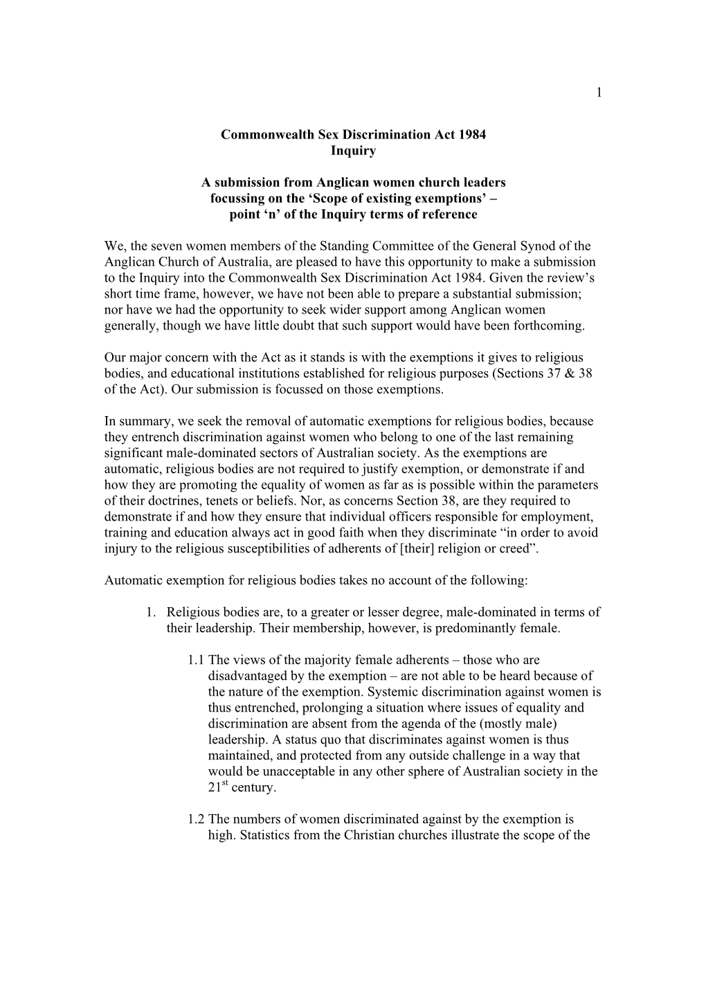 Submission from Anglican Women Church Leaders Focussing on the ‘Scope of Existing Exemptions’ – Point ‘N’ of the Inquiry Terms of Reference