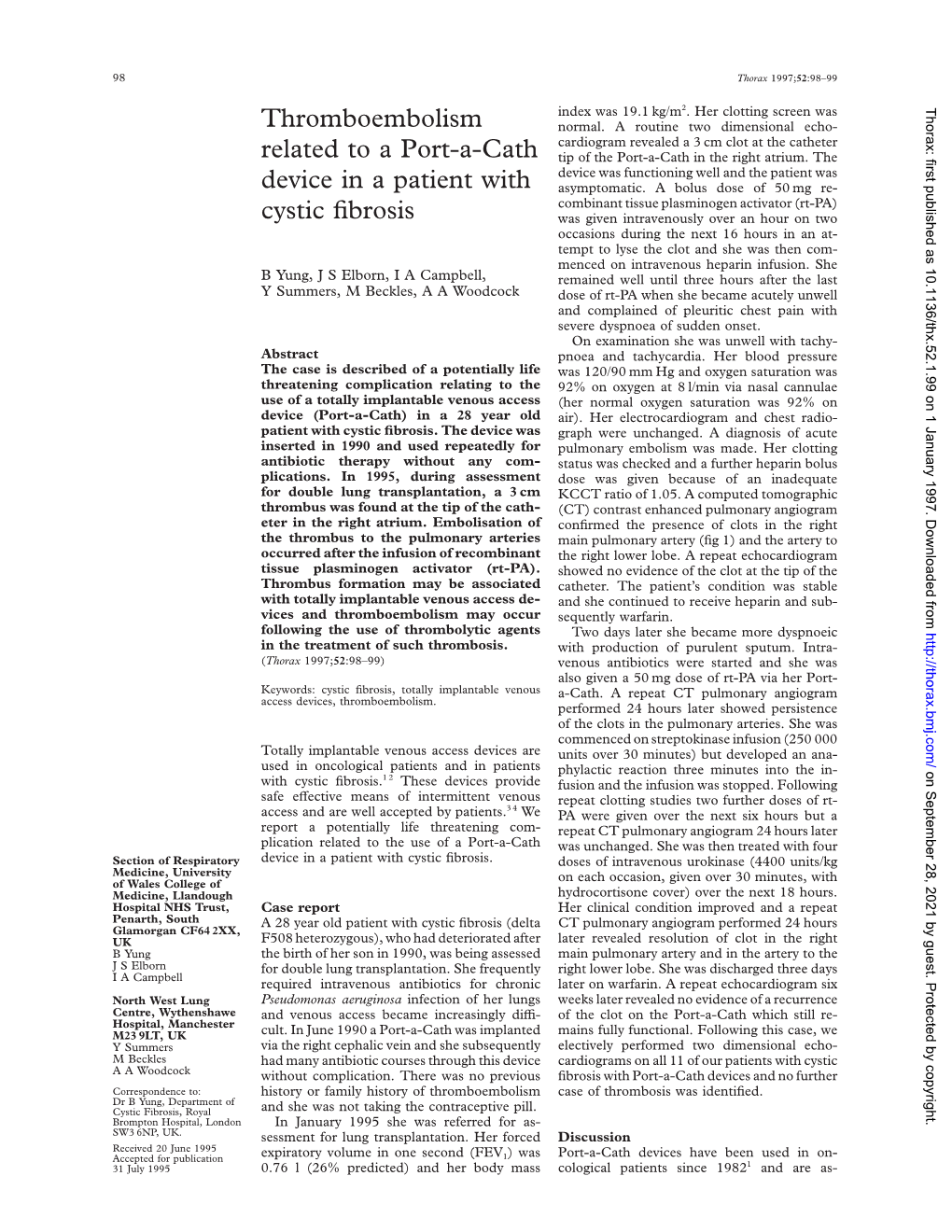 Thromboembolism Cystic Fibrosis