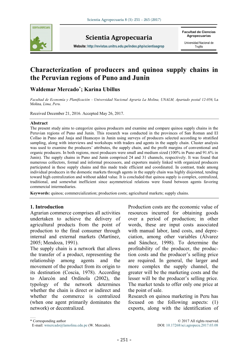 Characterization of Producers and Quinoa Supply Chains in the Peruvian Regions of Puno and Junin