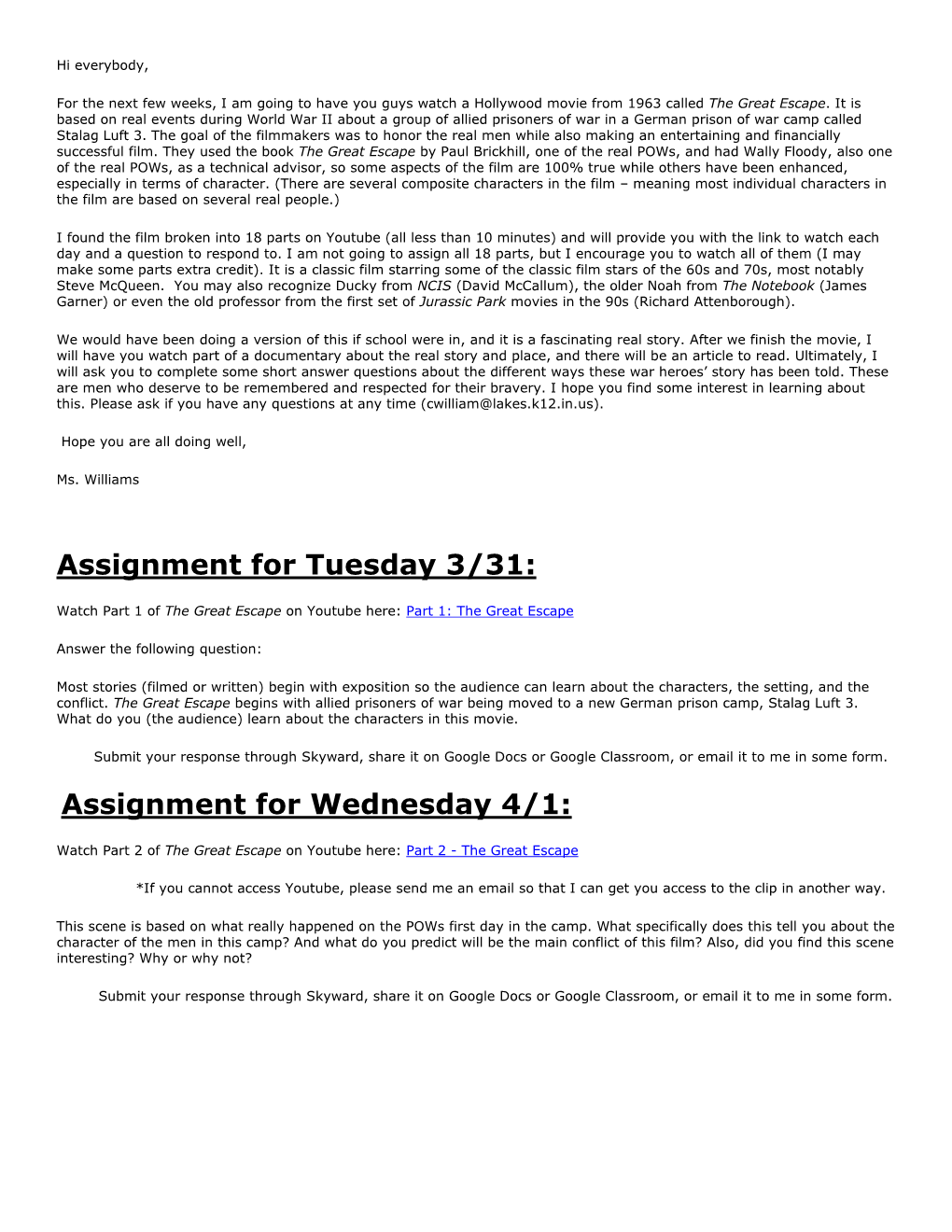 Assignment for Tuesday 3/31: Assignment for Wednesday 4/1