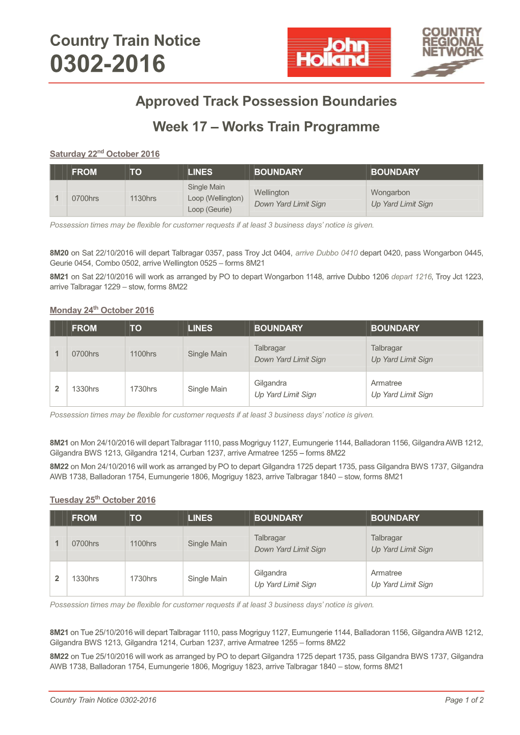 Country Train Notice 0302-2016