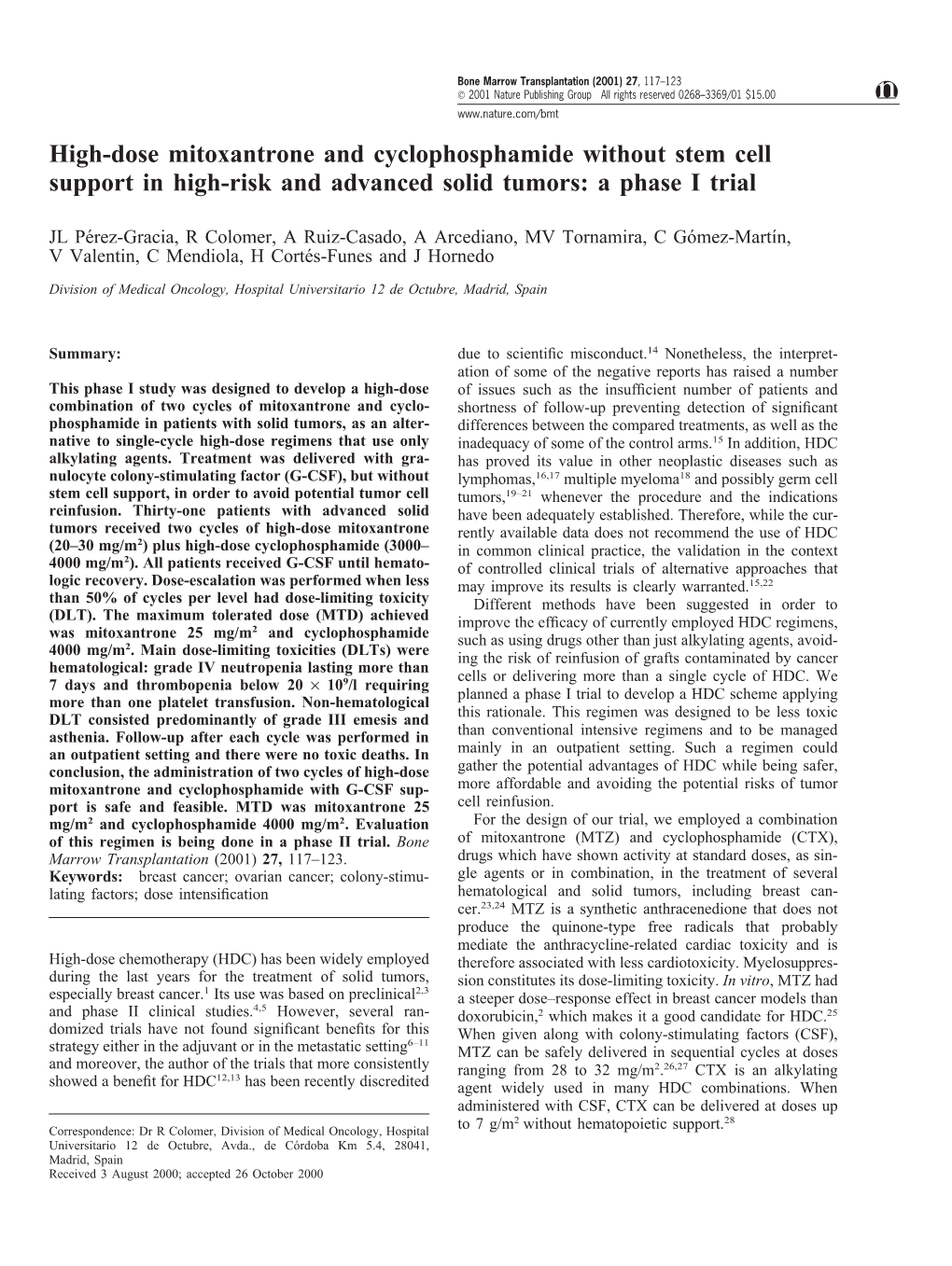 High-Dose Mitoxantrone and Cyclophosphamide Without Stem Cell Support in High-Risk and Advanced Solid Tumors: a Phase I Trial