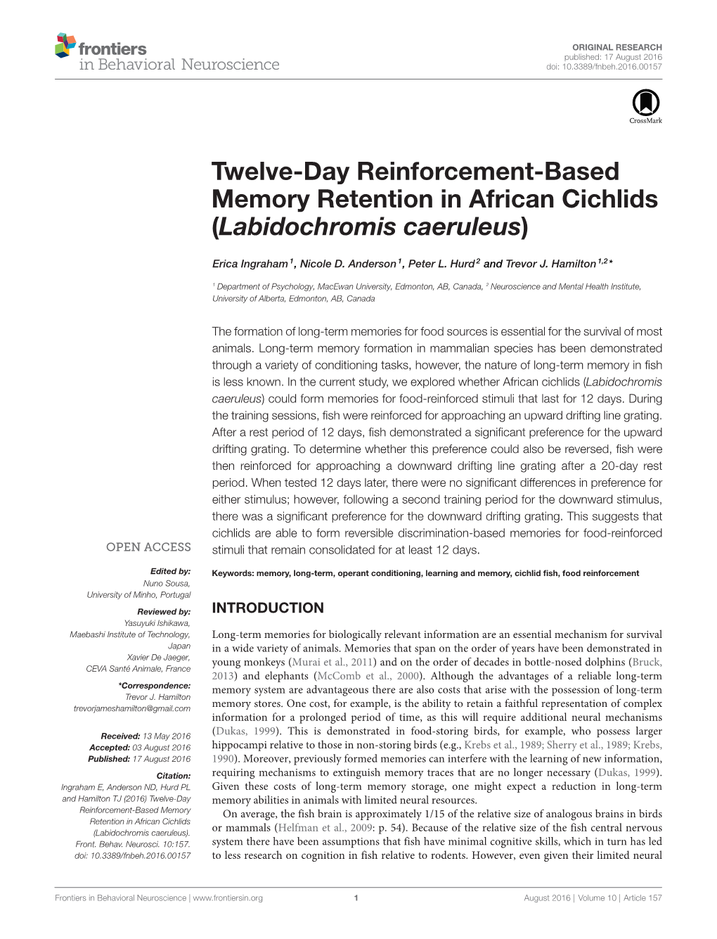 Twelve-Day Reinforcement-Based Memory Retention in African Cichlids (Labidochromis Caeruleus)