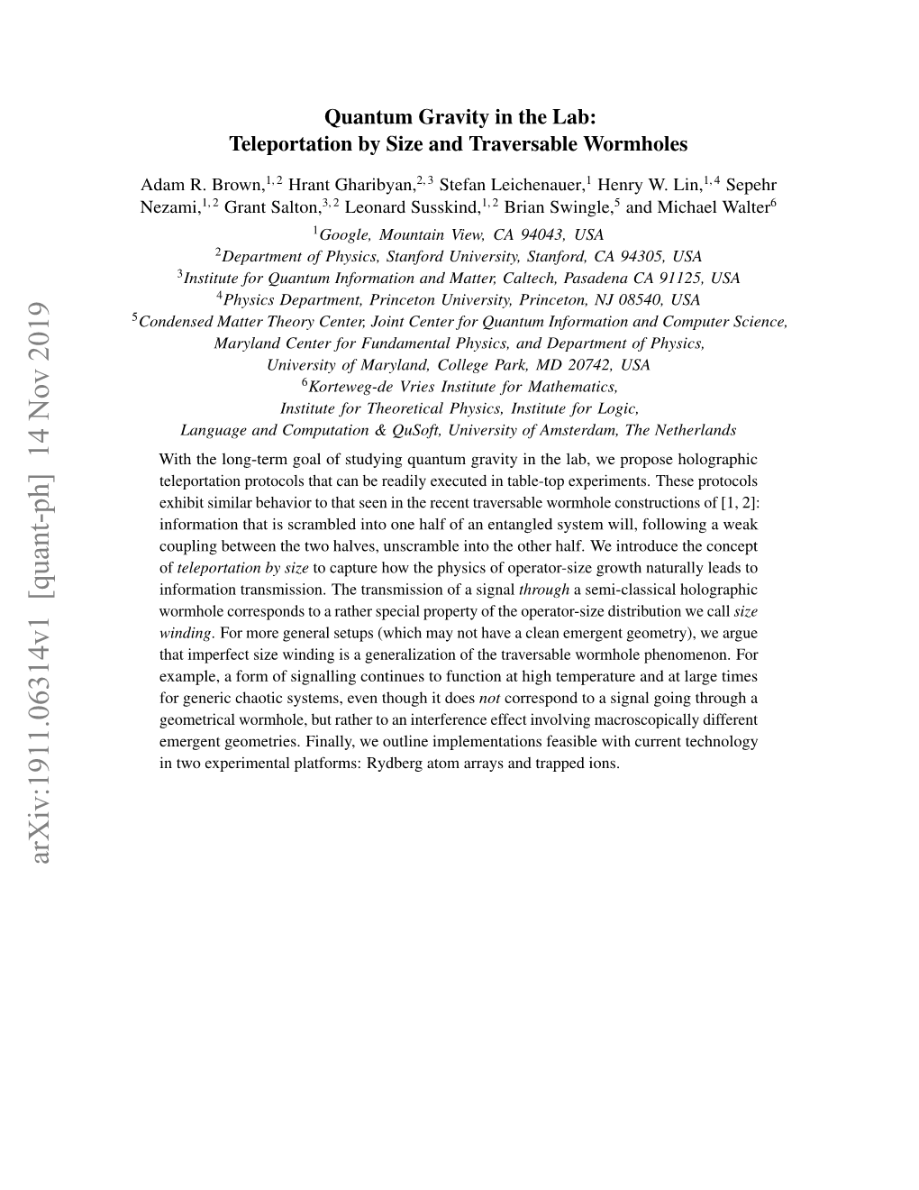 Quantum Gravity in the Lab: Teleportation by Size and Traversable Wormholes