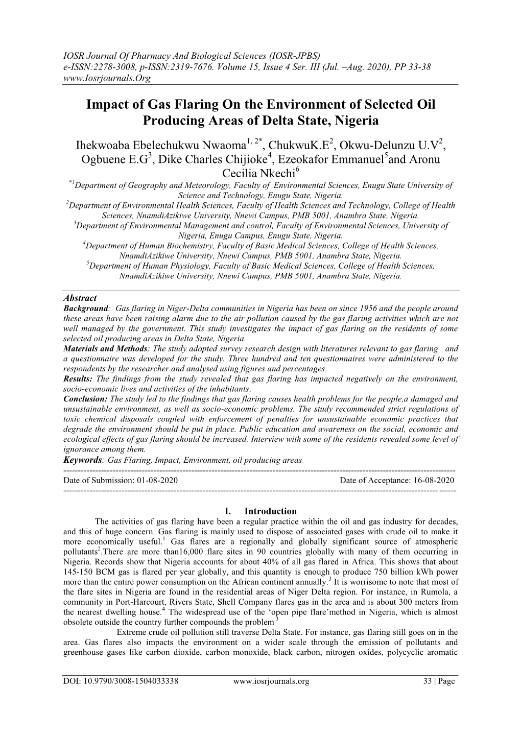 Impact of Gas Flaring on the Environment of Selected Oil Producing Areas of Delta State, Nigeria