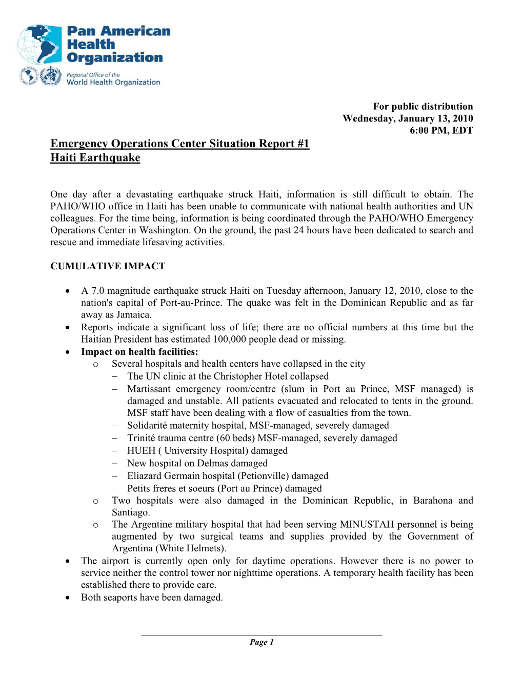 Emergency Operations Center Situation Report #1 Haiti Earthquake