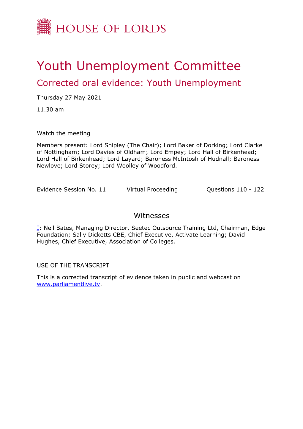 Youth Unemployment Committee Corrected Oral Evidence: Youth Unemployment
