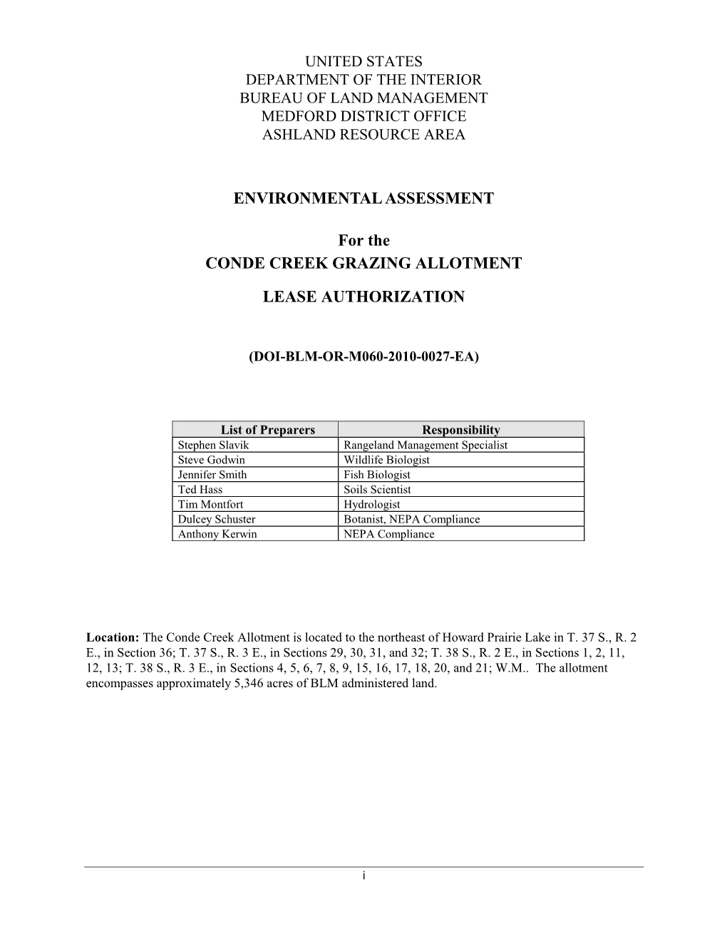 Conde Creek Grazing Allotment Lease Authorization