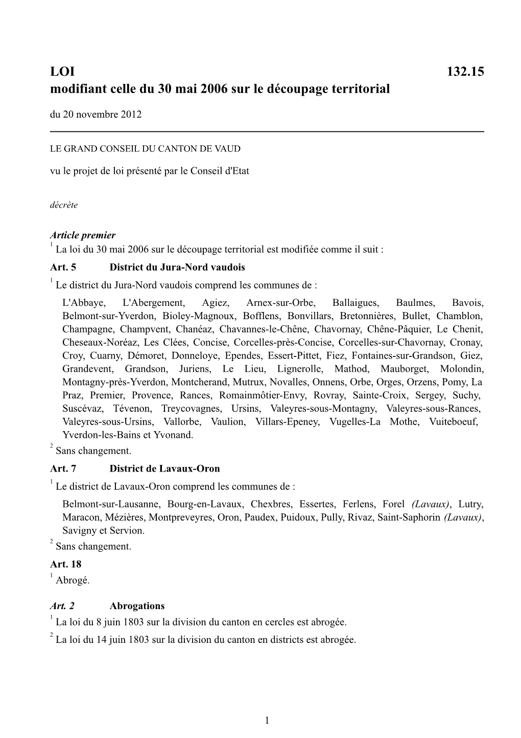 LOI 132.15 Modifiant Celle Du 30 Mai 2006 Sur Le Découpage Territorial Du 20 Novembre 2012