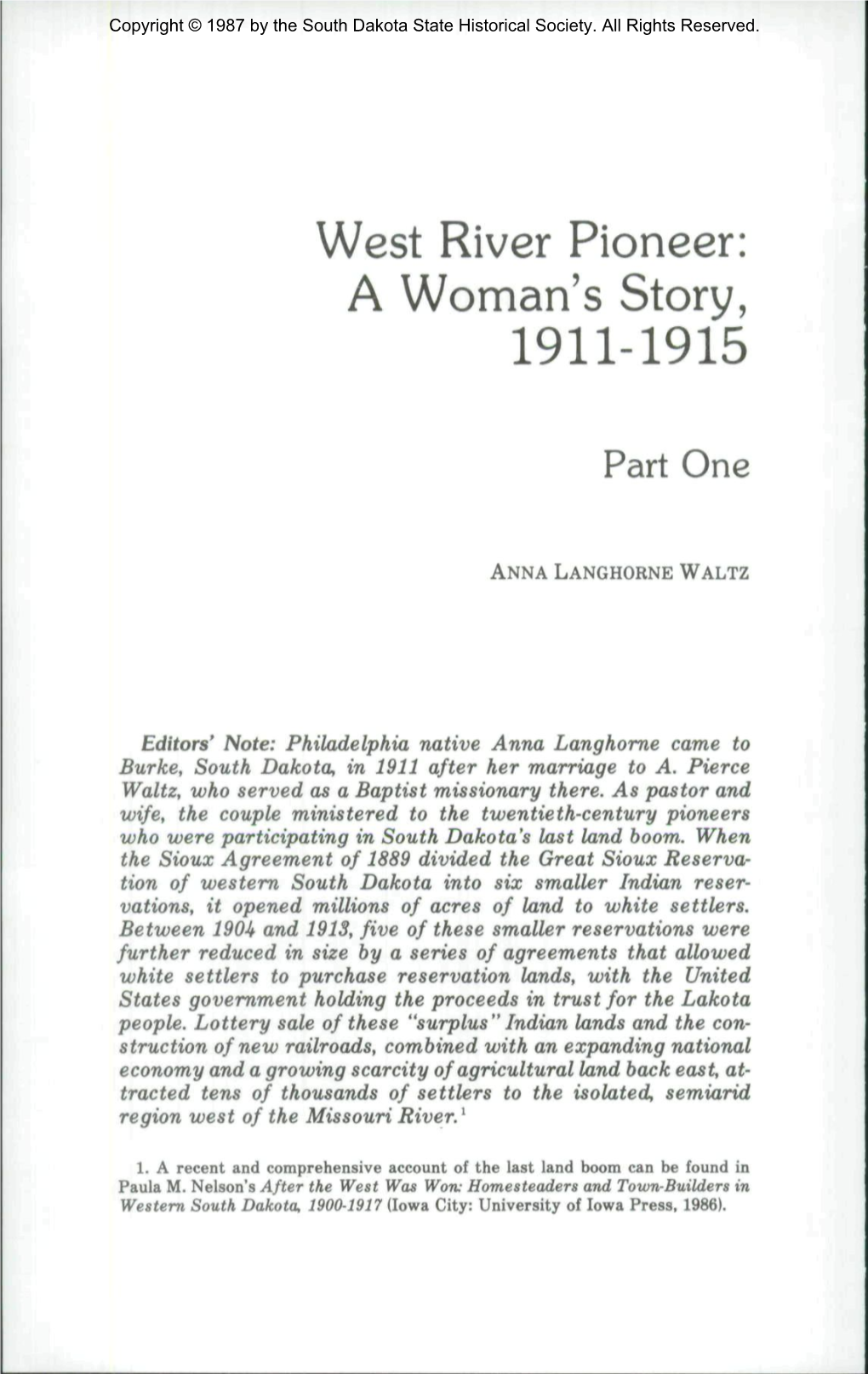 West River Pioneer: a Woman's Story, 1911-1915, Part