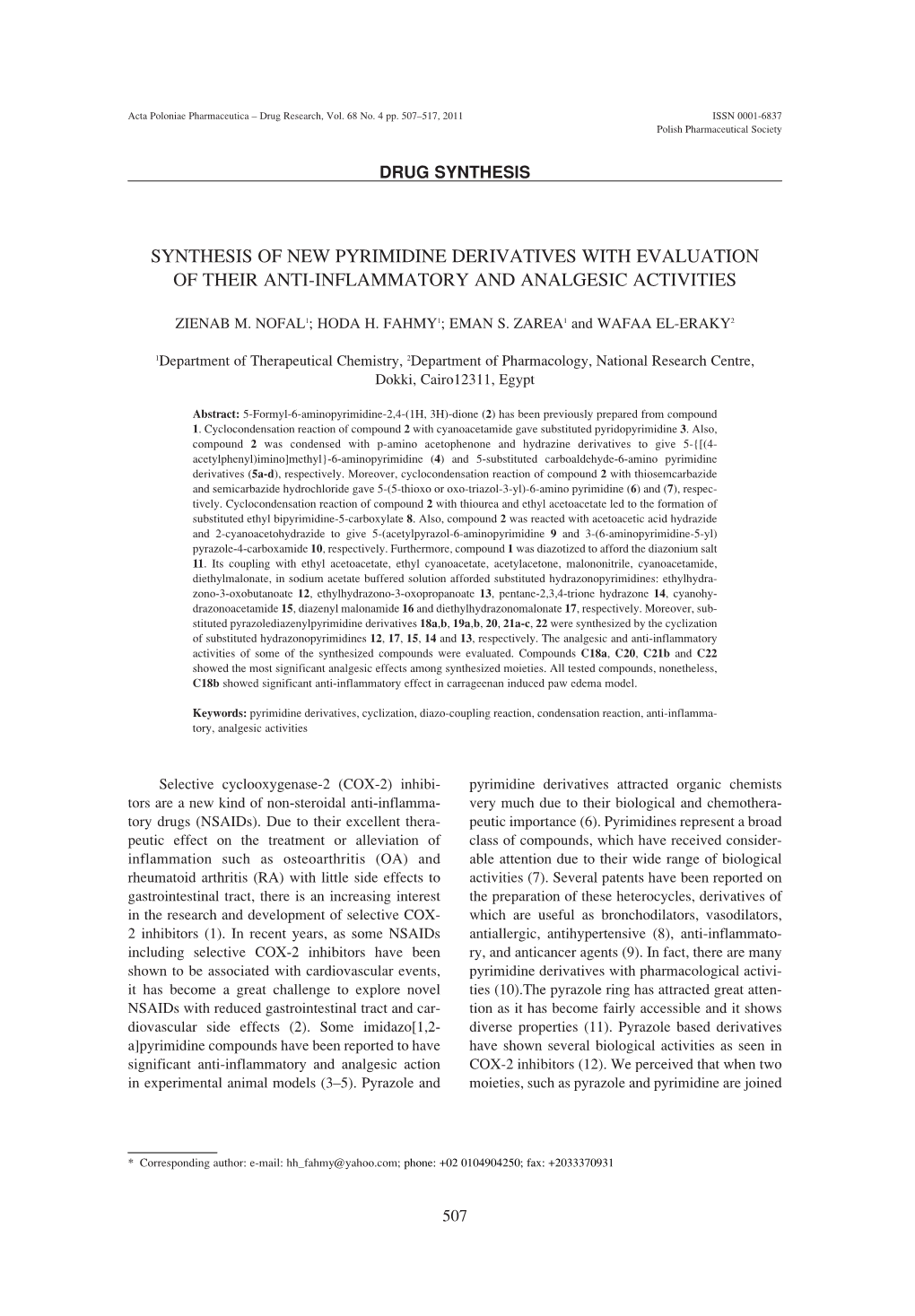 Synthesis of New Pyrimidine Derivatives with Evaluation of Their Anti-Inflammatory and Analgesic Activities