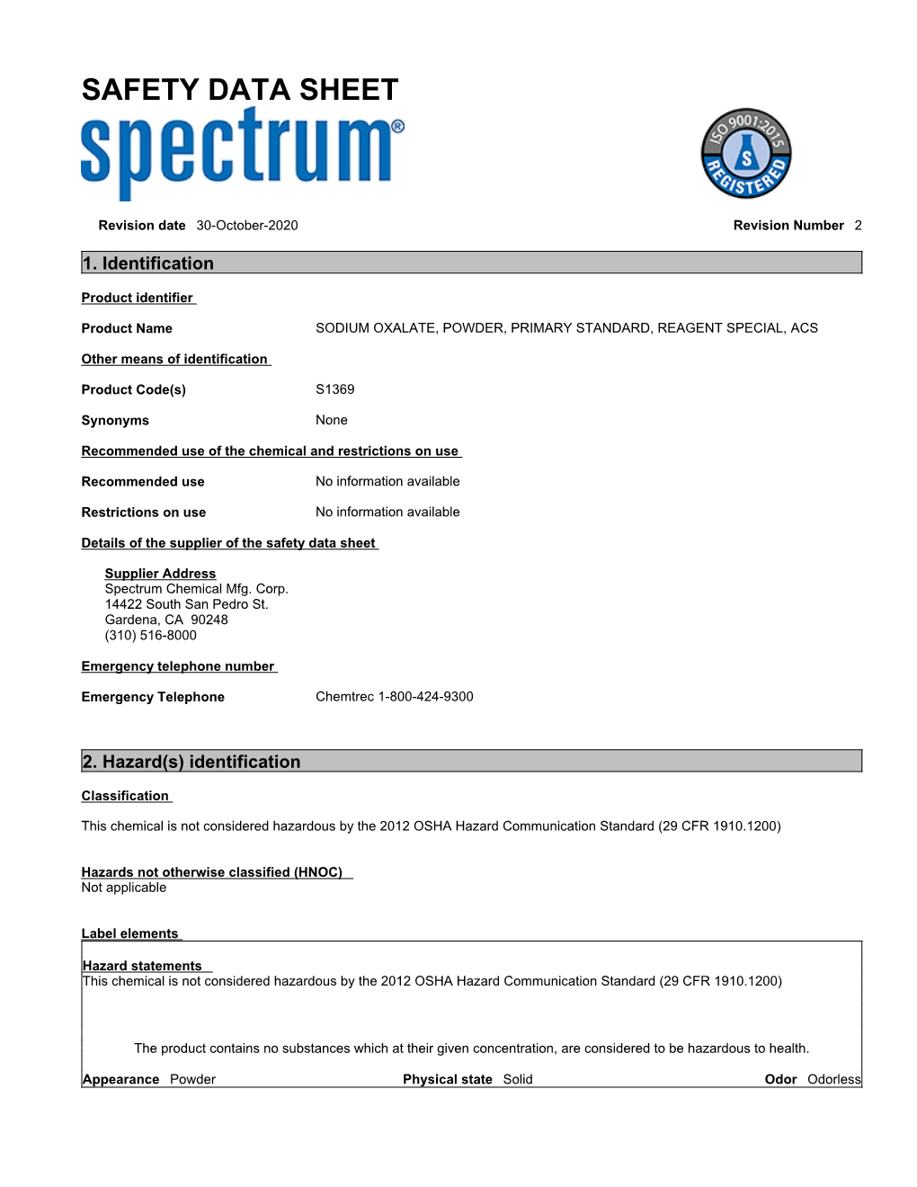 SDS for Appropriate Classifications