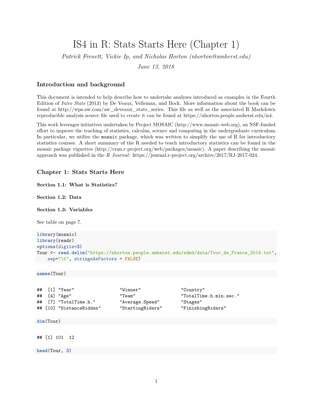 IS4 in R: Stats Starts Here (Chapter 1) Patrick Frenett, Vickie Ip, and Nicholas Horton (Nhorton@Amherst.Edu) June 13, 2018