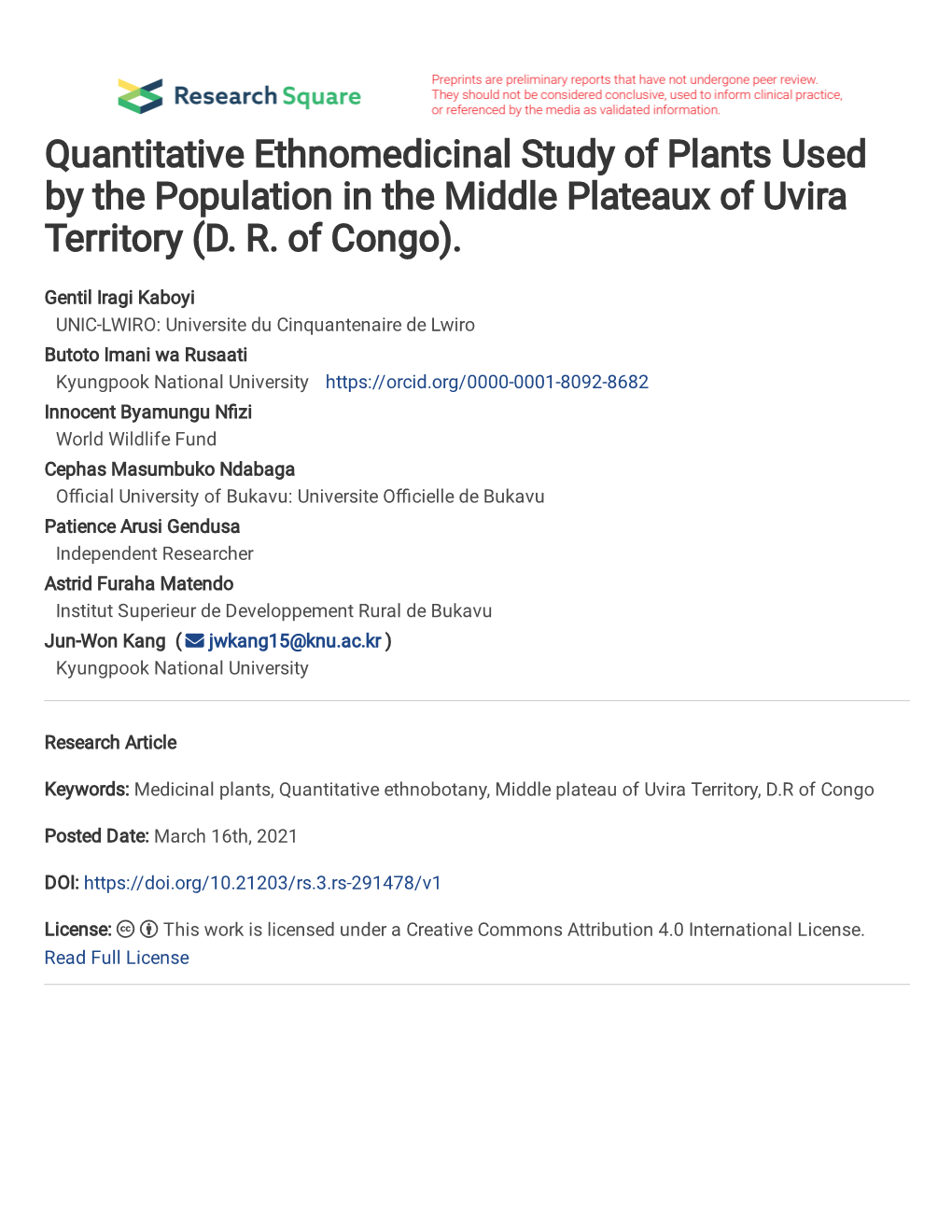 Quantitative Ethnomedicinal Study of Plants Used by the Population in the Middle Plateaux of Uvira Territory (D