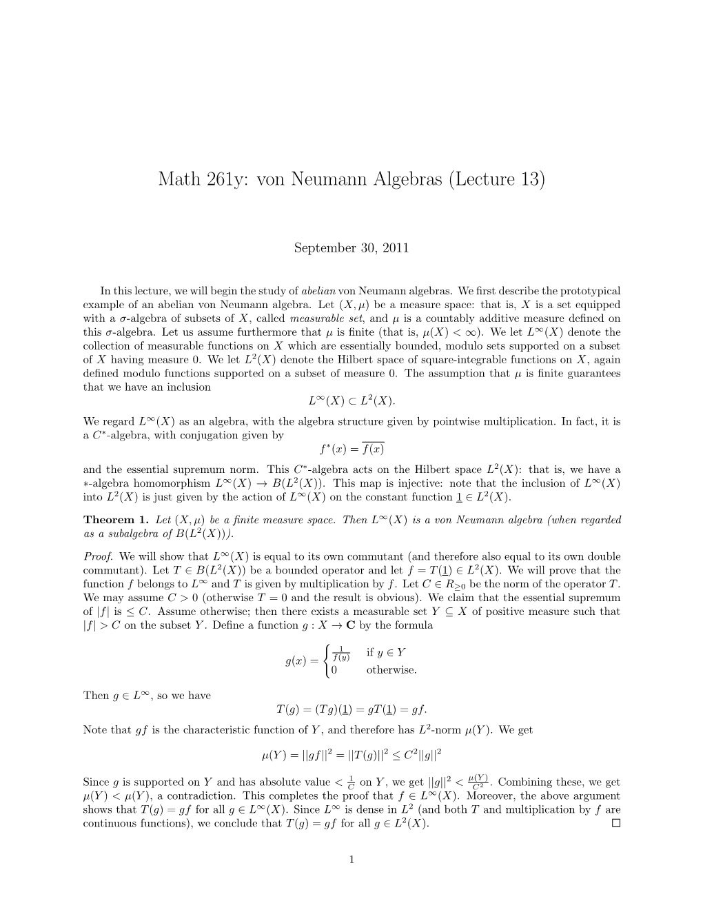 Math 261Y: Von Neumann Algebras (Lecture 13)