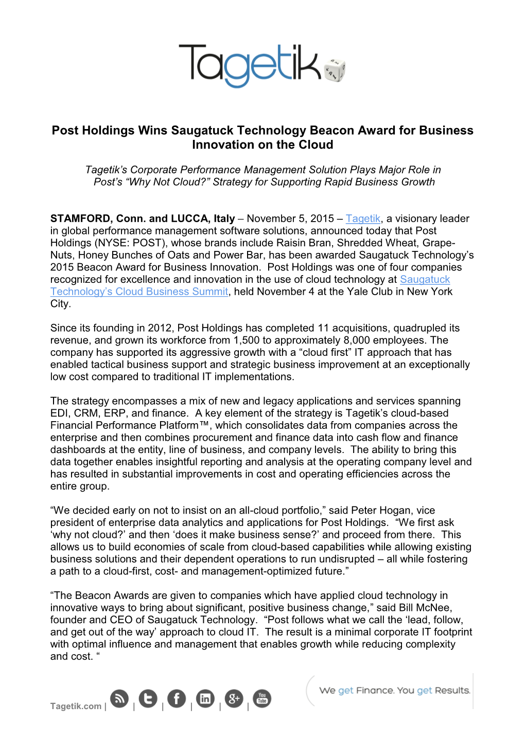 Post Holdings Wins Saugatuck Technology Beacon Award for Business Innovation on the Cloud