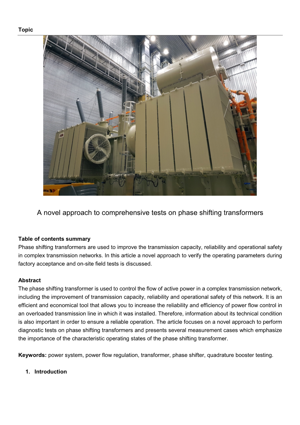 A Novel Approach to Comprehensive Tests on Phase Shifting Transformers