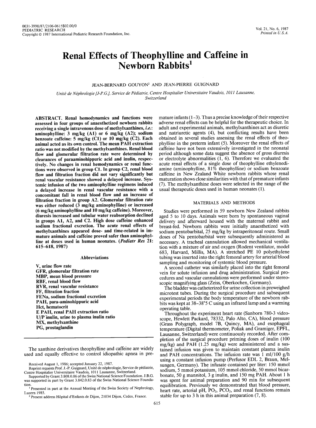 Renal Effects of Theophylline and Caffeine in Newborn Rabbits1