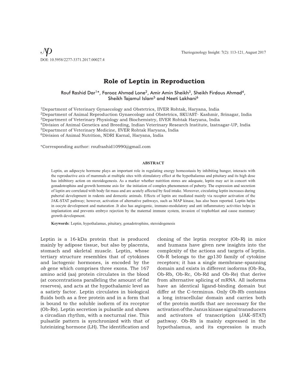 Role of Leptin in Reproduction