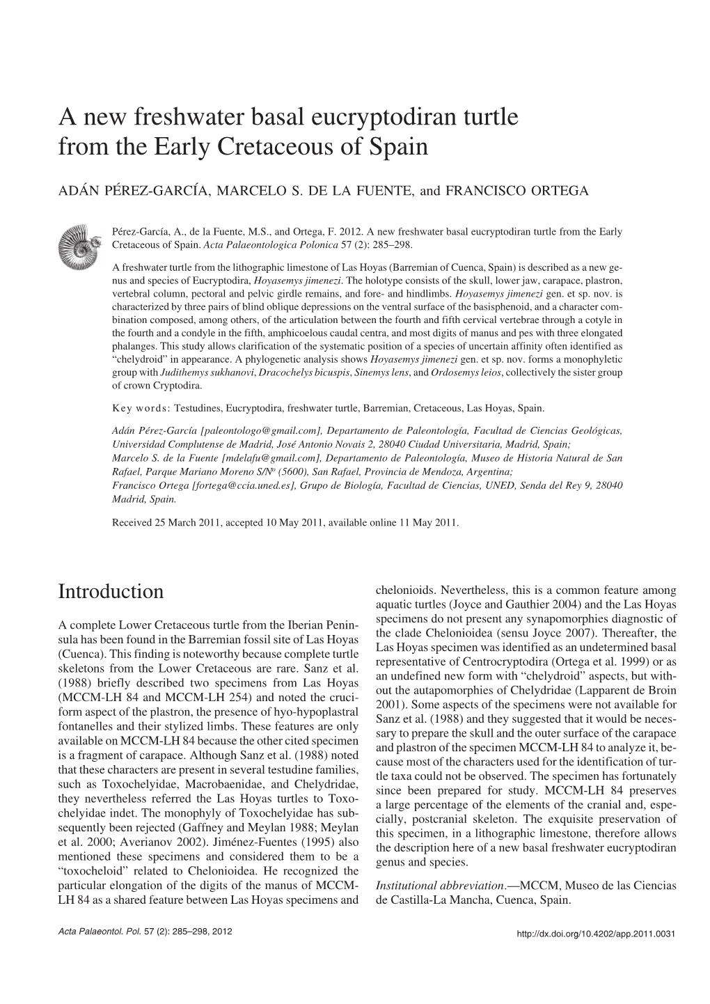 A New Freshwater Basal Eucryptodiran Turtle from the Early Cretaceous of Spain