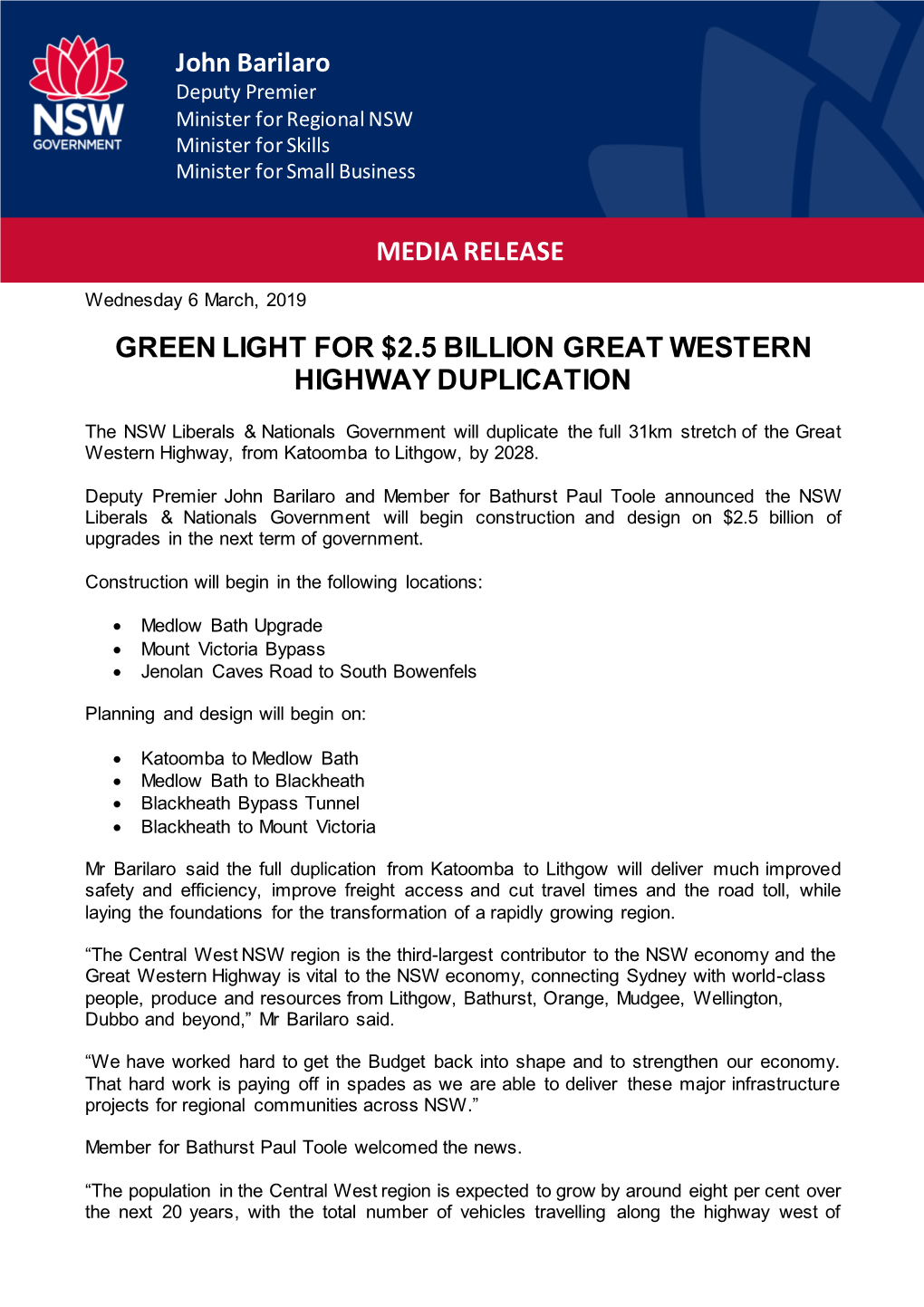 John Barilaro MEDIA RELEASE GREEN LIGHT for $2.5 BILLION GREAT WESTERN HIGHWAY DUPLICATION