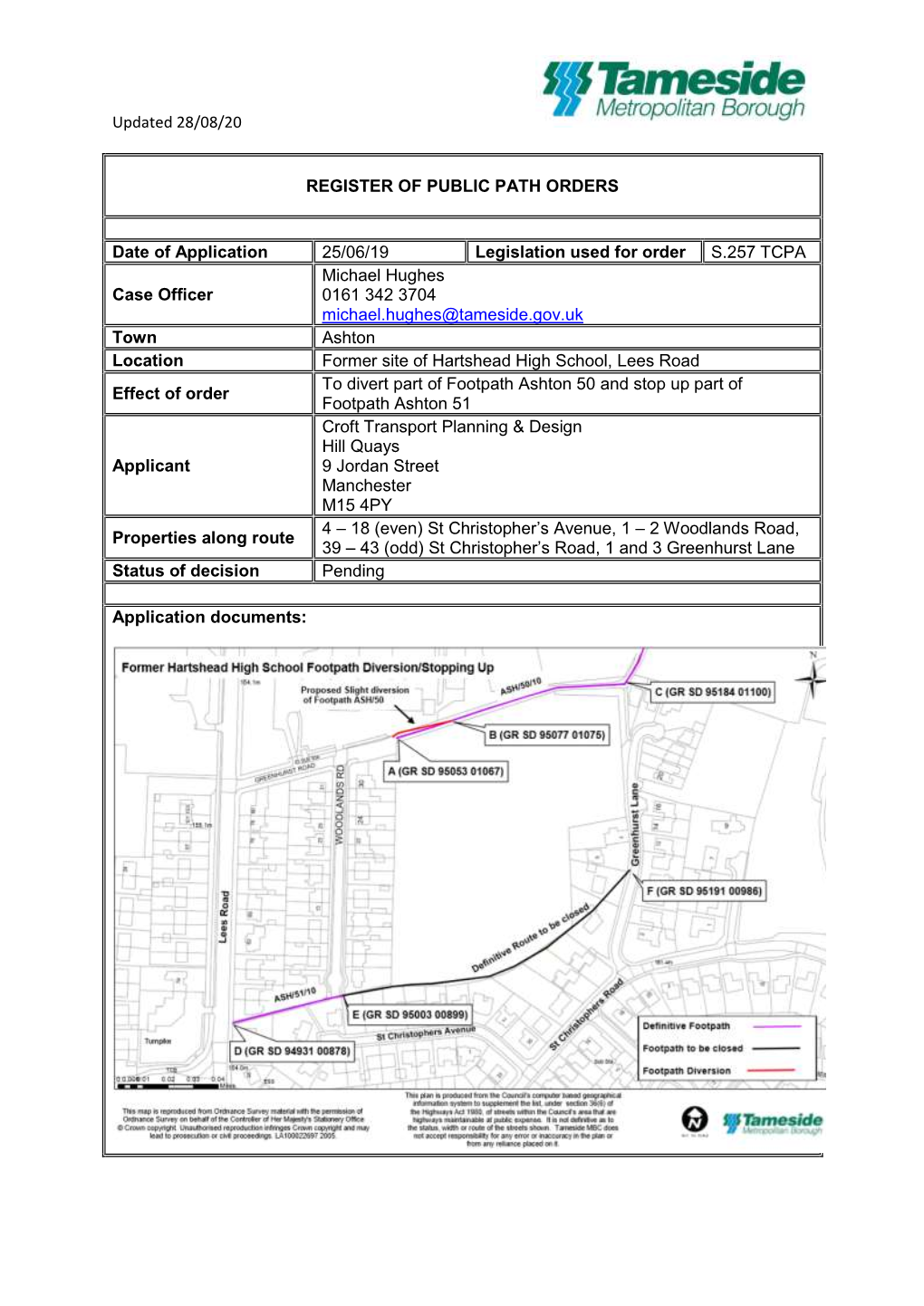 Updated 28/08/20 REGISTER of PUBLIC PATH ORDERS Date Of