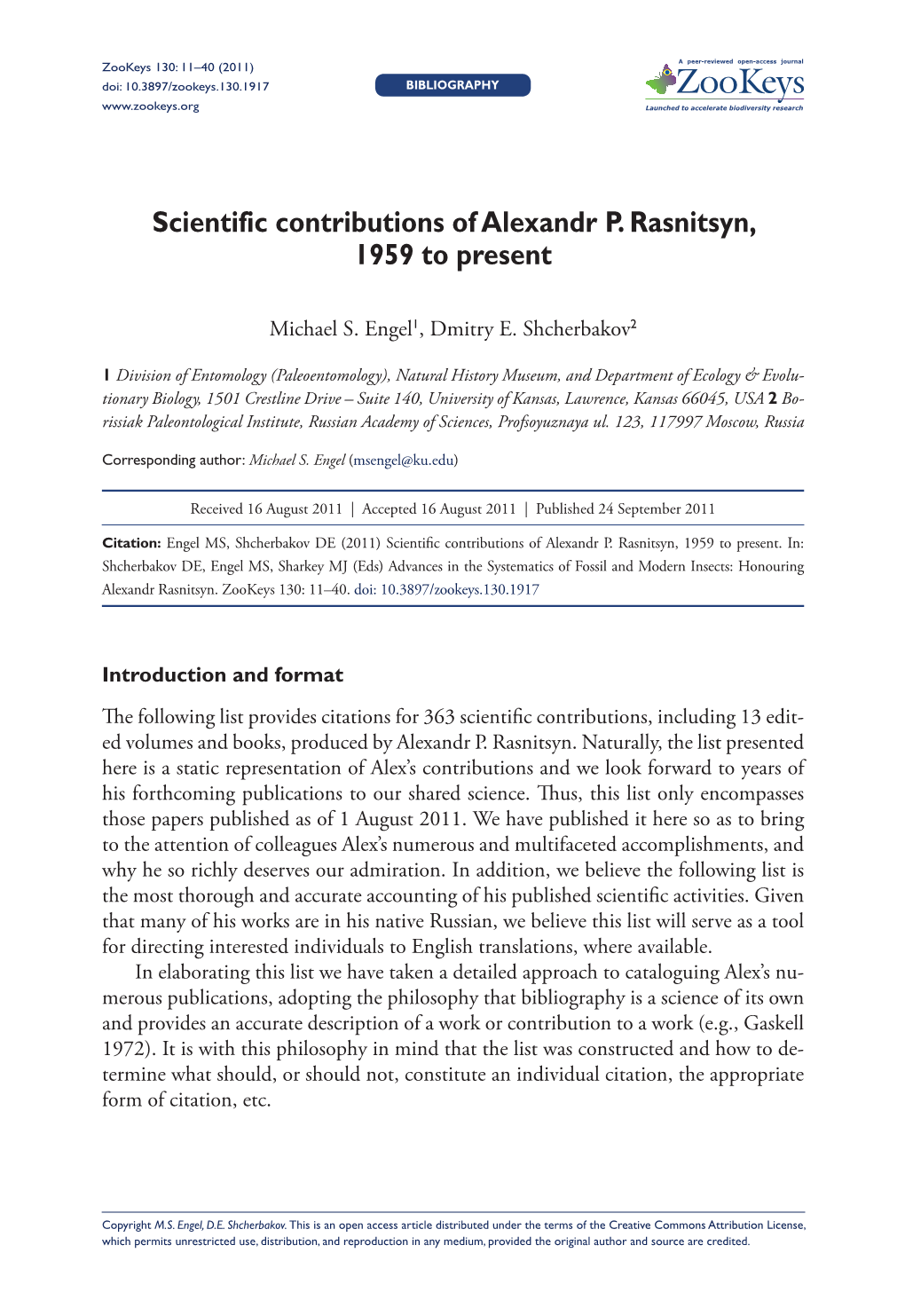 Scientific Contributions of Alexandr P. Rasnitsyn, 1959 to Present