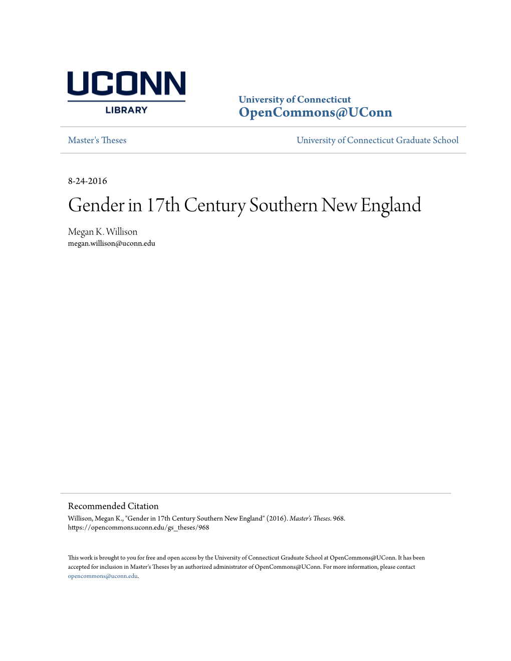 Gender in 17Th Century Southern New England Megan K