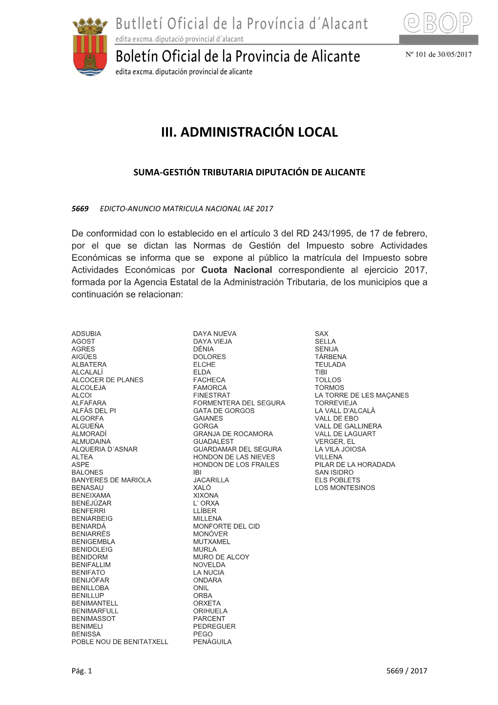 Butlletí Oficial De La Província D´Alacant Boletín Oficial De La