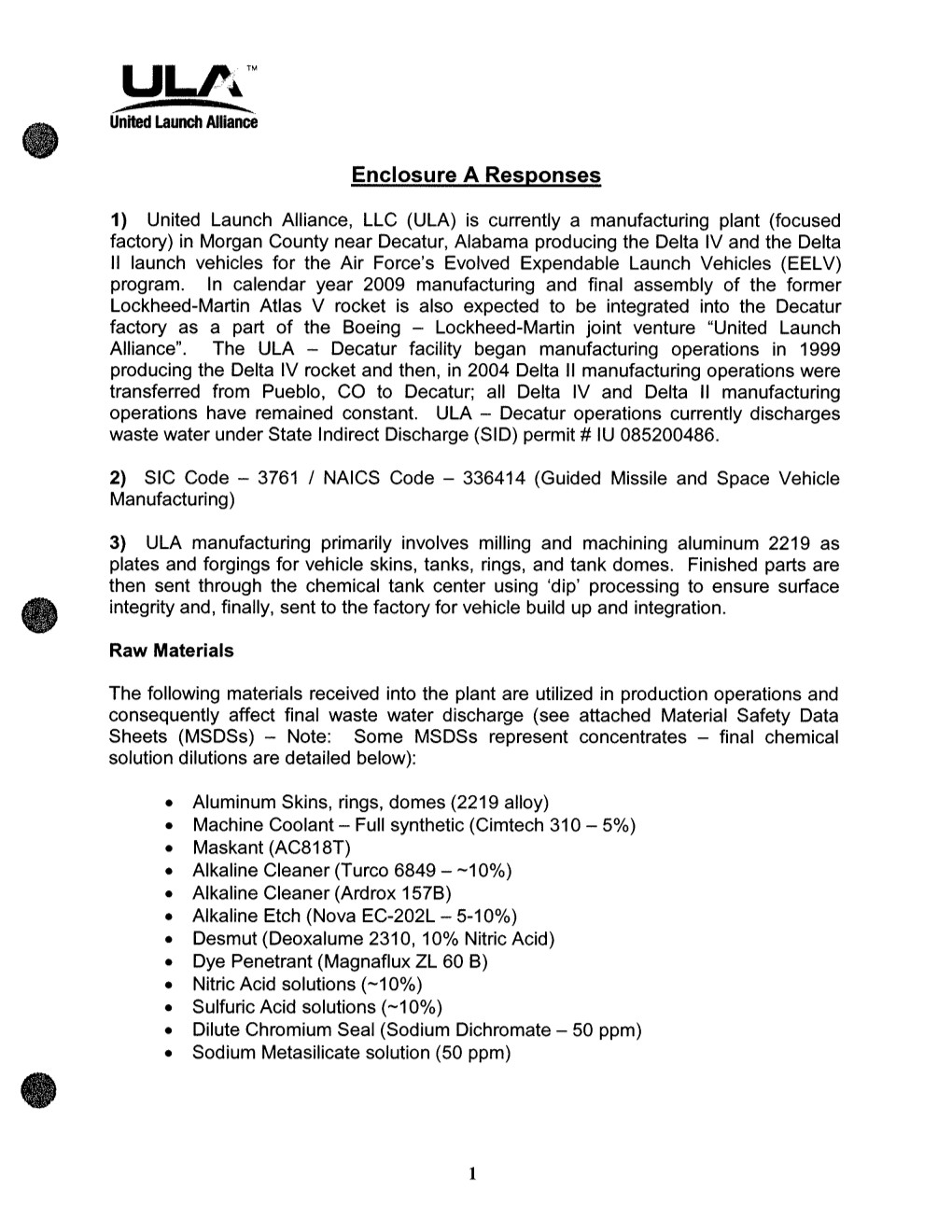 United Launch Alliance Enclosure a Responses (PDF)