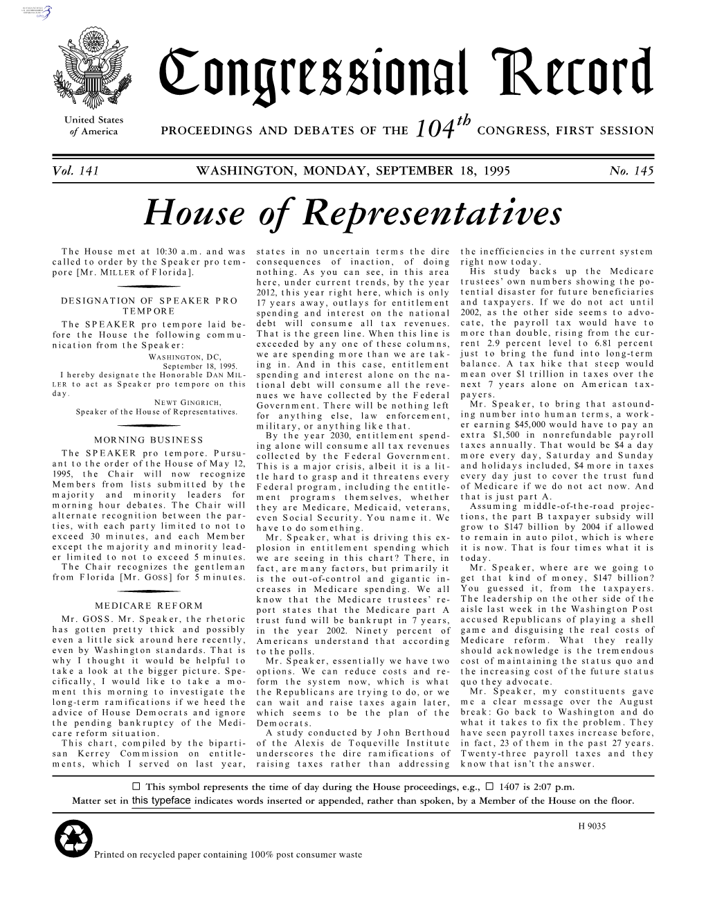 Congressional Record United States Th of America PROCEEDINGS and DEBATES of the 104 CONGRESS, FIRST SESSION