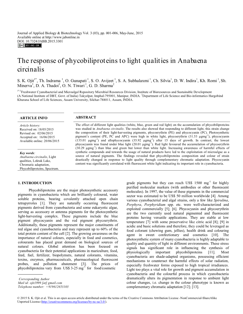 The Response of Phycobiliproteins to Light Qualities in Anabaena Circinalis