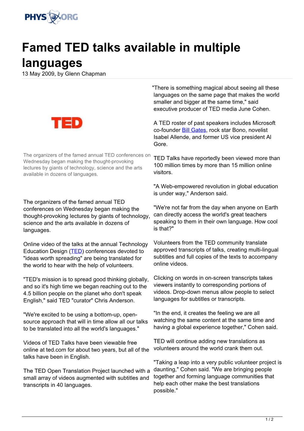 Famed TED Talks Available in Multiple Languages 13 May 2009, by Glenn Chapman