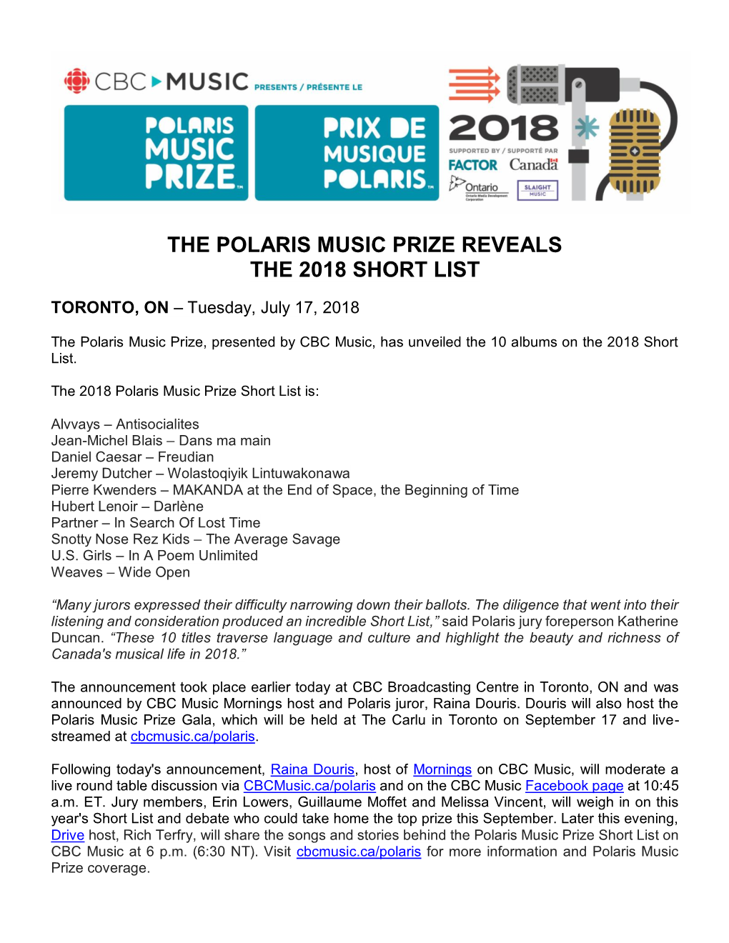 The Polaris Music Prize Reveals the 2018 Short List