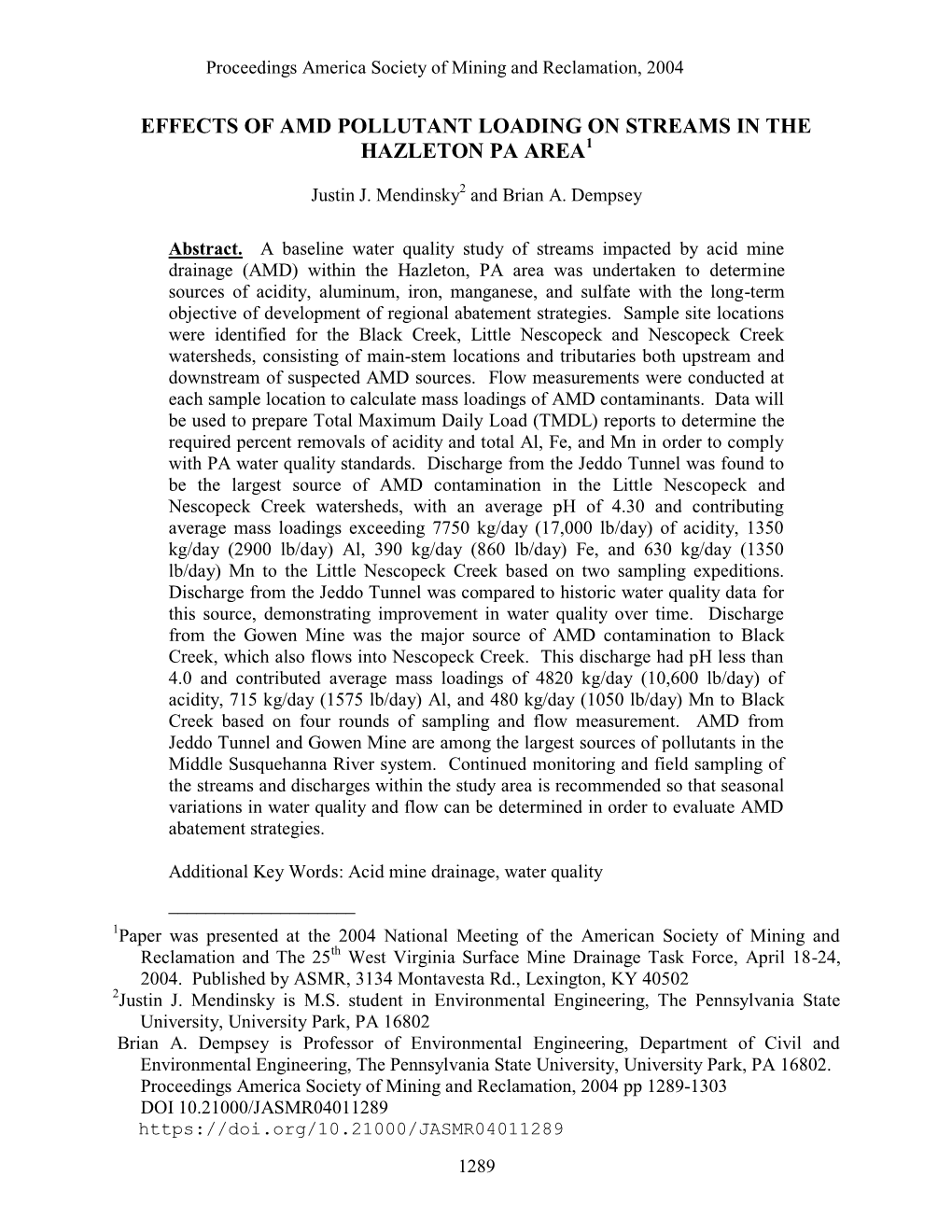 Effects of Amd Pollutant Loading on Streams in the Hazleton Pa Area1