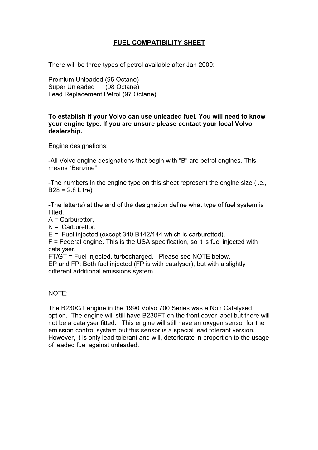 Fuel Compatibility Sheet