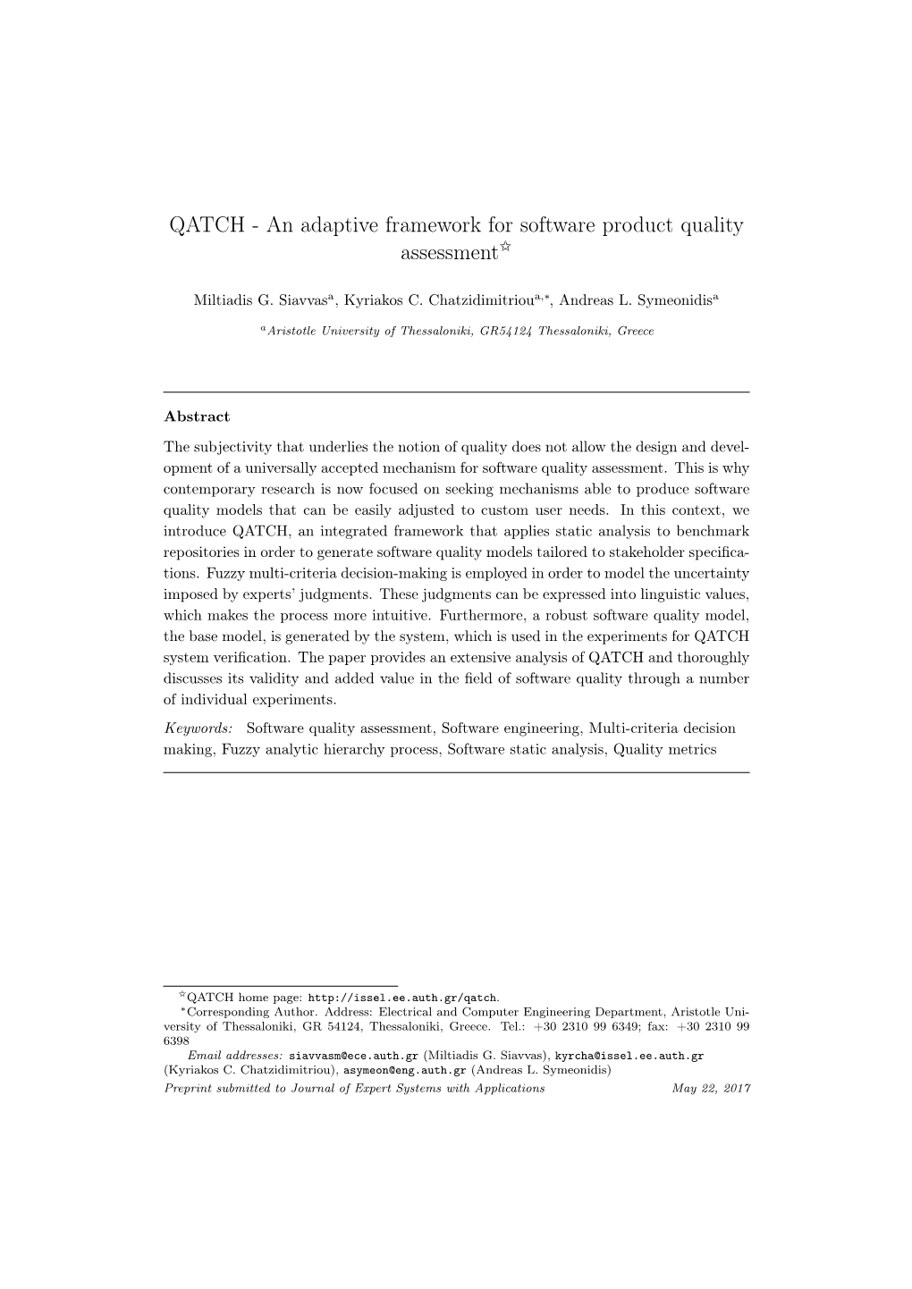 QATCH - an Adaptive Framework for Software Product Quality Assessment$