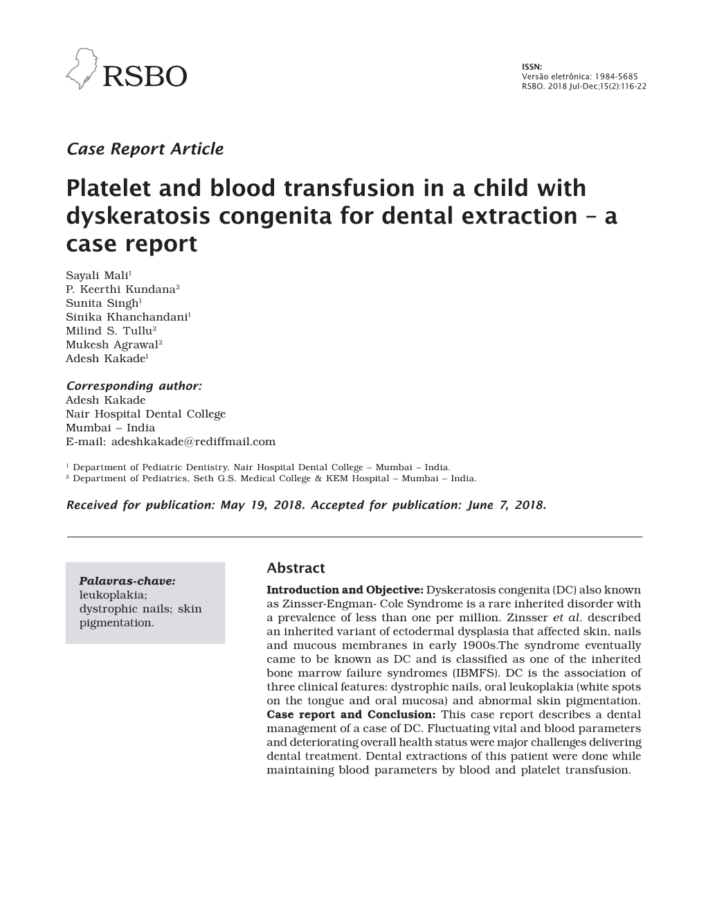 Platelet and Blood Transfusion in a Child with Dyskeratosis Congenita for Dental Extraction – a Case Report