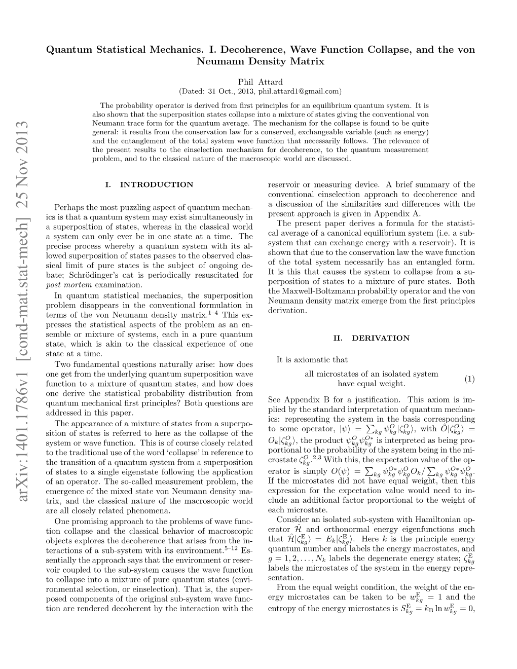 Quantum Statistical Mechanics. I. Decoherence, Wave Function