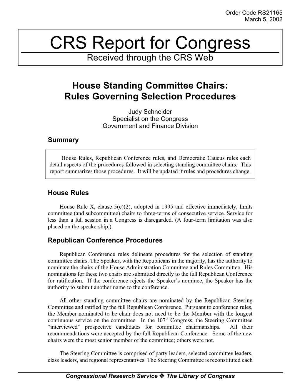 House Standing Committee Chairs: Rules Governing Selection Procedures