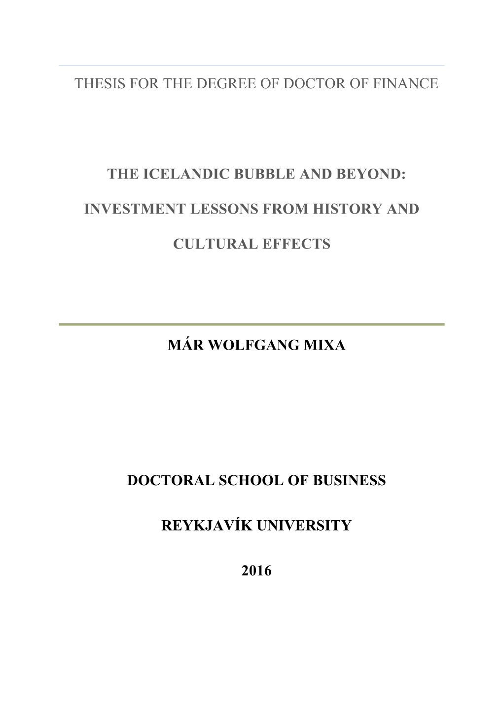 Thesis for the Degree of Doctor of Finance