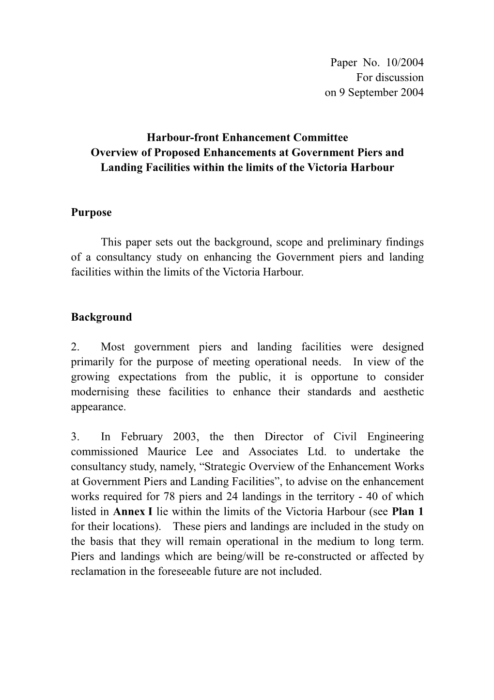 Overview of Proposed Enhancements at Government Piers and Landing Facilities Within the Limits of the Victoria Harbour