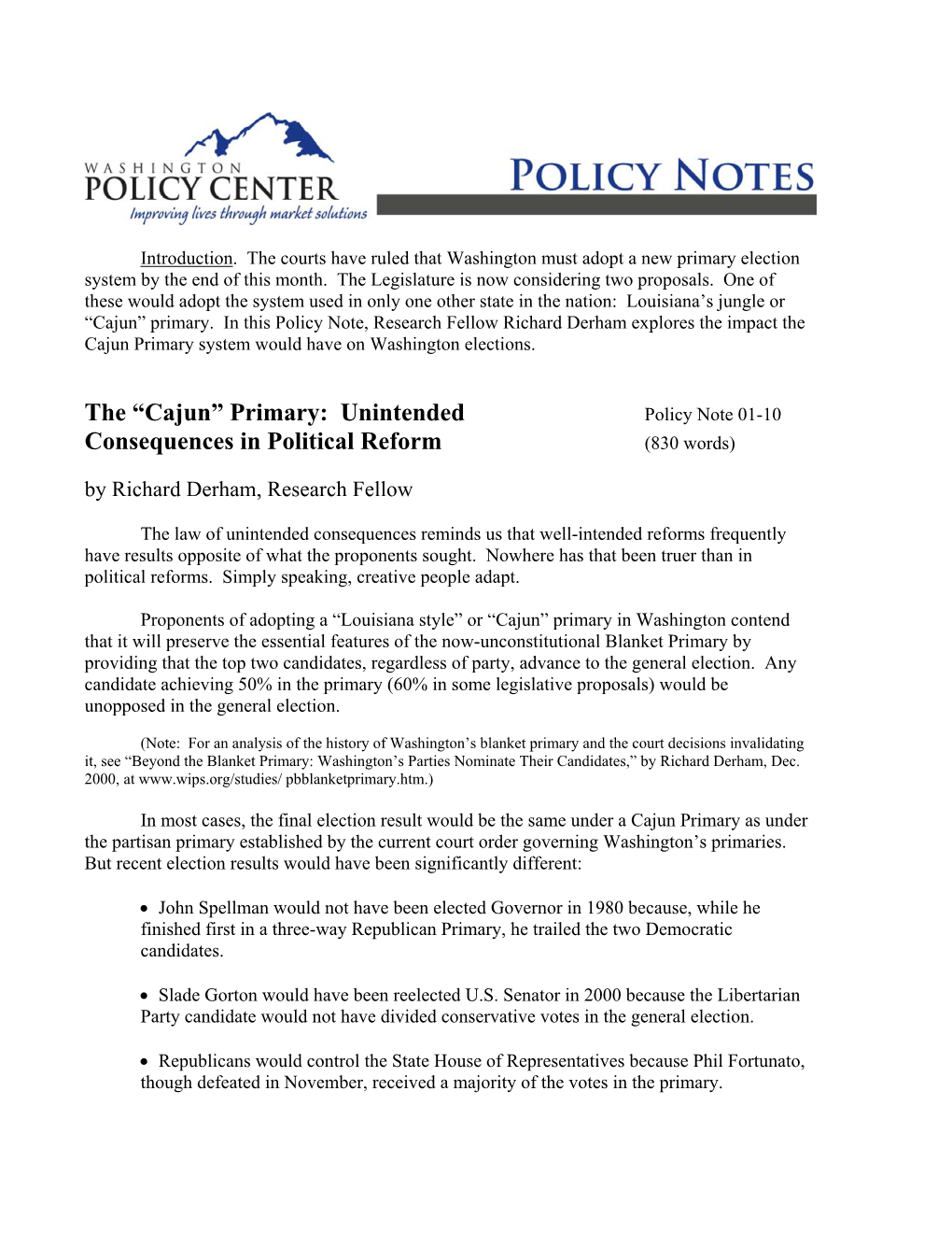 The “Cajun” Primary: Unintended Policy Note 01-10 Consequences in Political Reform (830 Words)