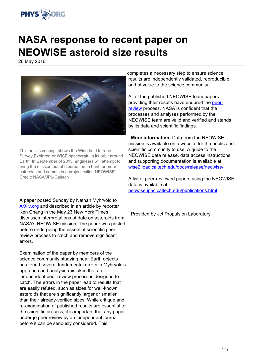 NASA Response to Recent Paper on NEOWISE Asteroid Size Results 26 May 2016