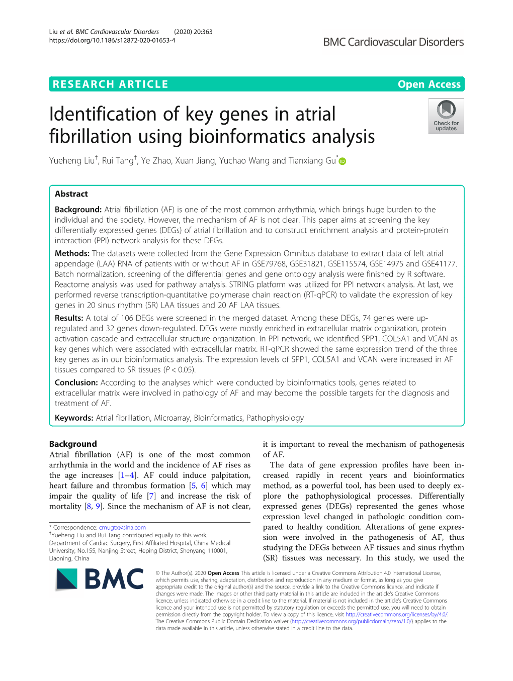 Identification of Key Genes in Atrial Fibrillation Using Bioinformatics Analysis Yueheng Liu†, Rui Tang†, Ye Zhao, Xuan Jiang, Yuchao Wang and Tianxiang Gu*
