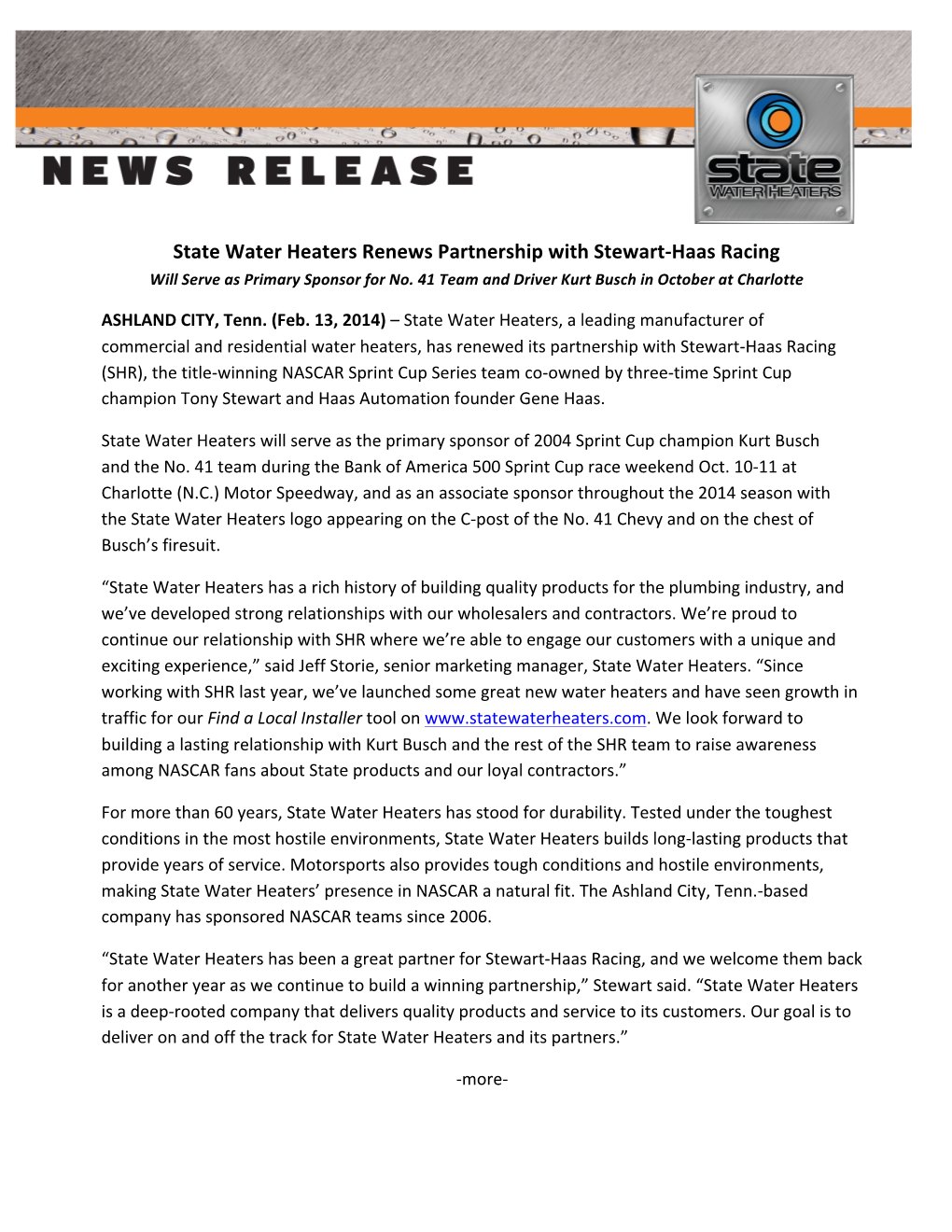 State Water Heaters Renews Partnership with Stewart-‐Haas Racing