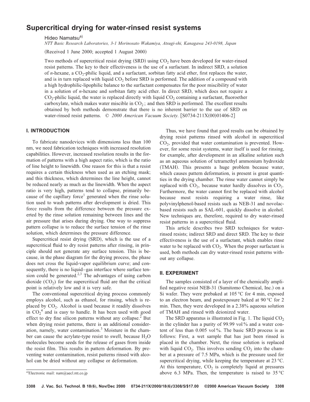 Supercritical Drying for Water-Rinsed Resist Systems